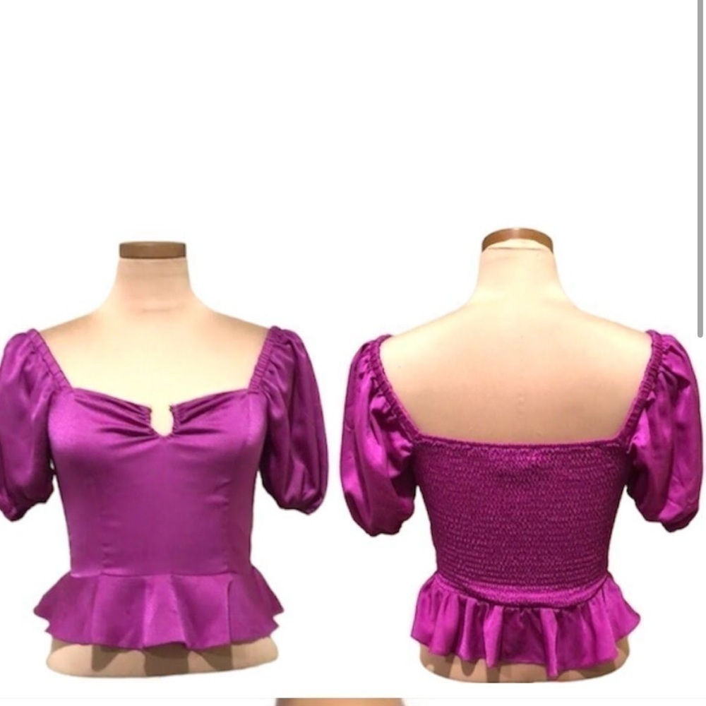 WAYF Blouse Large pink ruffle Sweetheart notch peplum Puff Sleeve Top NWT - Picture 14 of 14